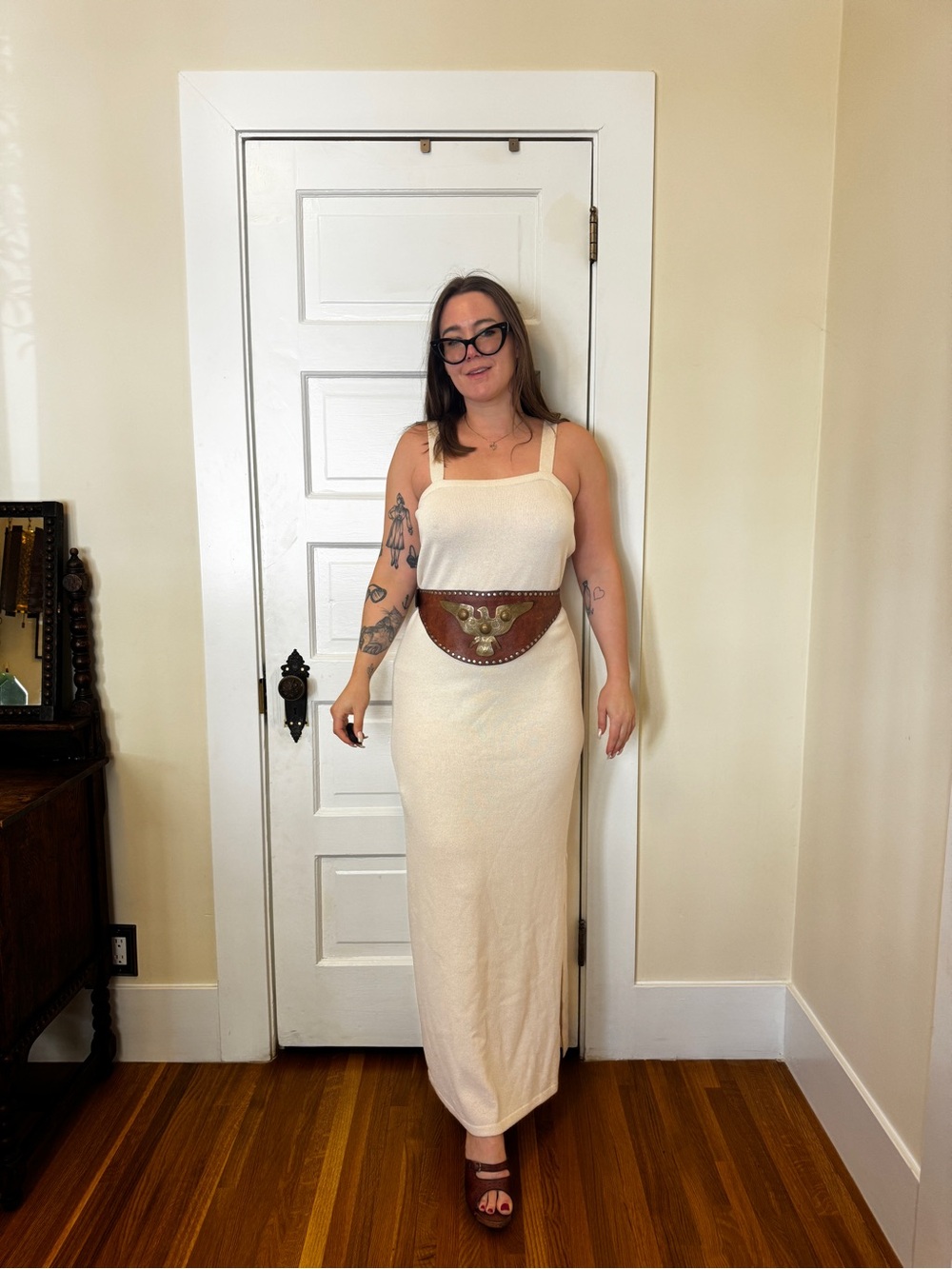70s Vintage Santana Knit Maxi Dress Cream Column Karen Couture Los Angeles Sz XL - Picture 1 of 8